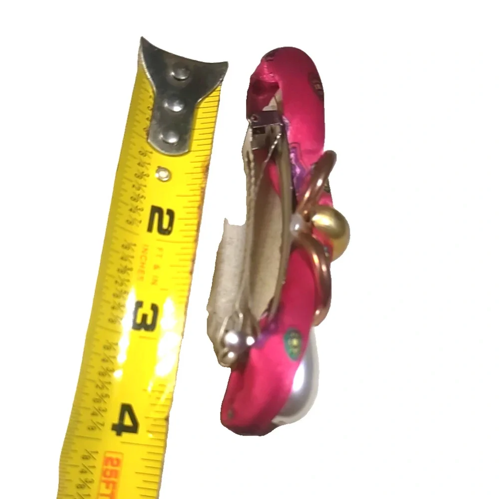 Home Made Hair Barrette Tension Clip Faux Pearls Gold Tone Red